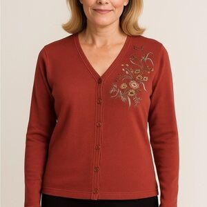 Pendleton M Petite Silk Blend Cardigan Sweater Embroidered Button Up Red Floral